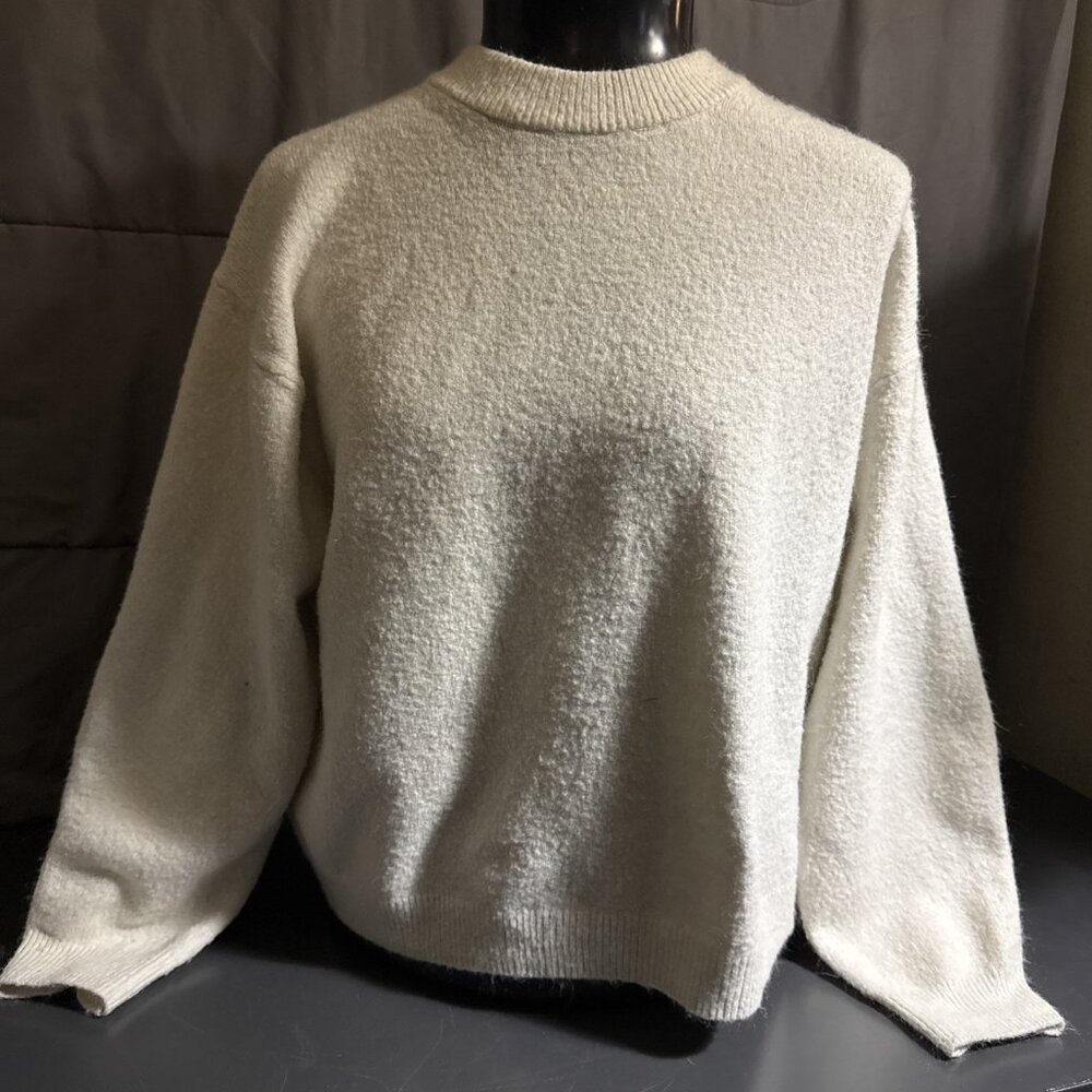 Divided H&M Fuzzy Sweater Women's MEDIUM Ivory SOFT Cropped Long Sleeve Crewneck
